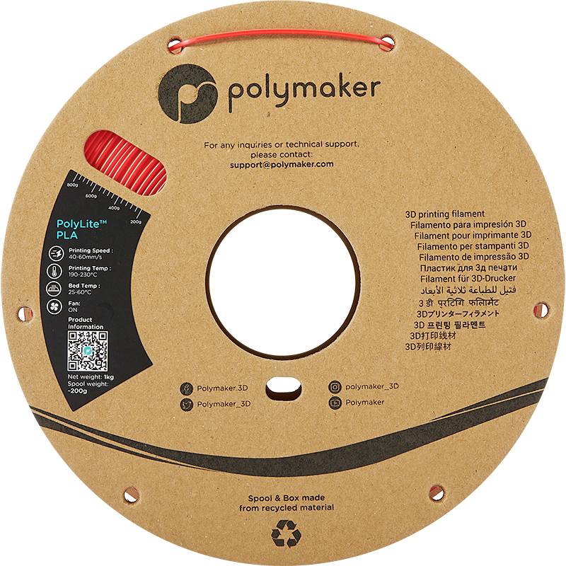 Round spool of Polymaker 3D printing filament. Label includes contact information, QR code, and product details. Manufactured from recycled material.