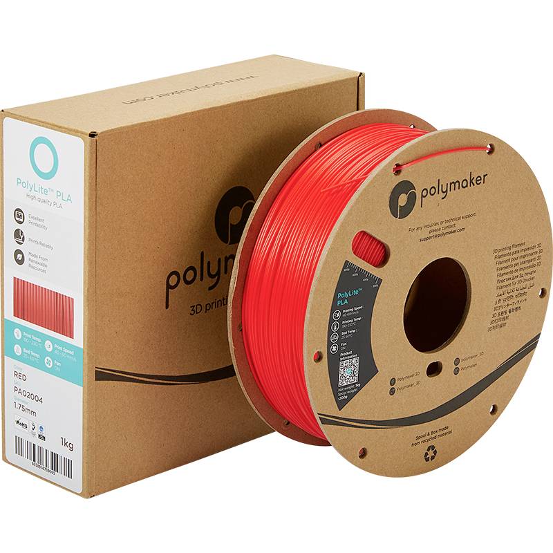 A reel of red PLA 3D printer filament from Polymaker. The packaging displays the logo and filament details.