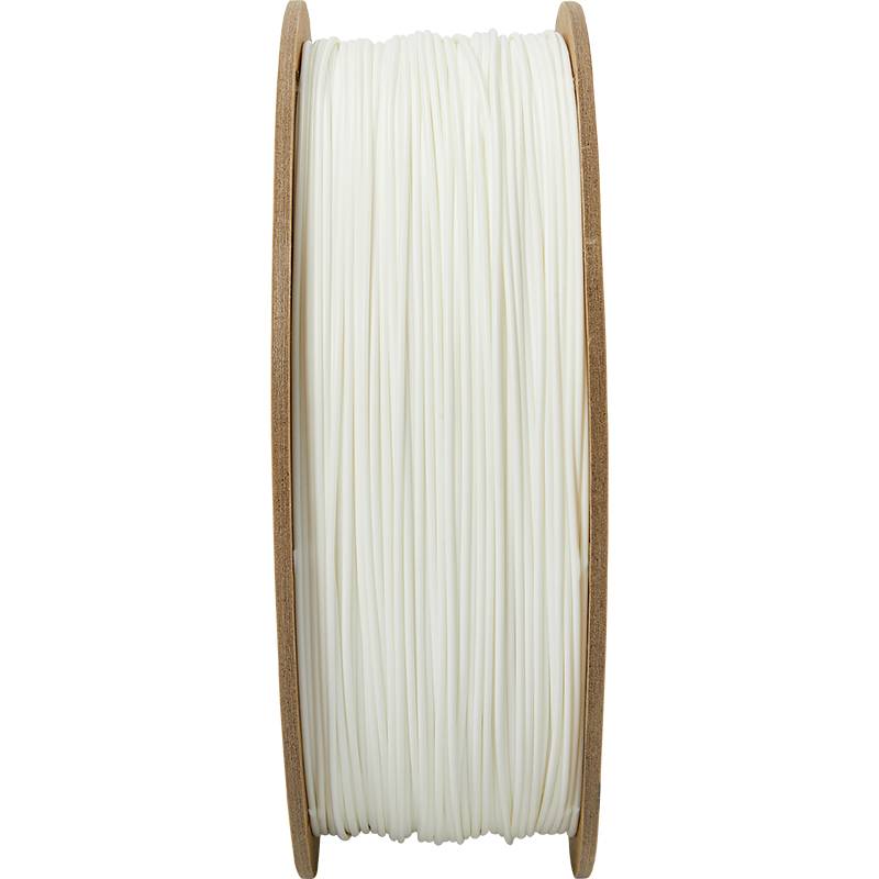 Spool of white 3D printer filament, photographed from the side. Suitable for use in 3D printing processes.