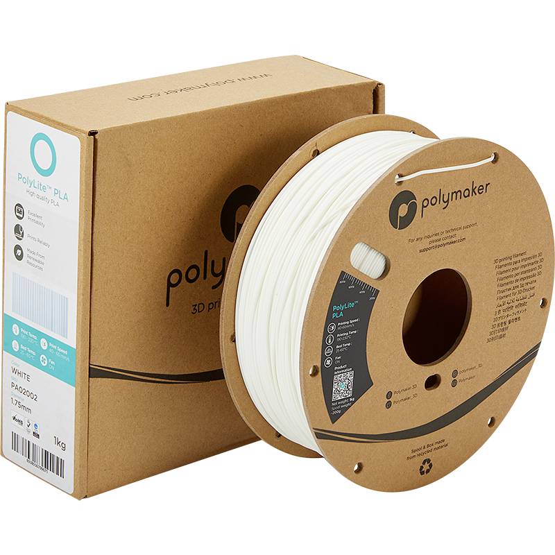 A reel of white 3D printer filament from Polymaker beside its packaging, suitable for precise and high-quality printing.