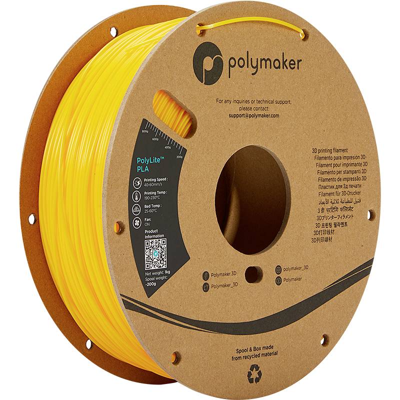 Yellow spool of 3D printer filament from Polymaker. Label includes details of PLA material type, QR code, and contact information.