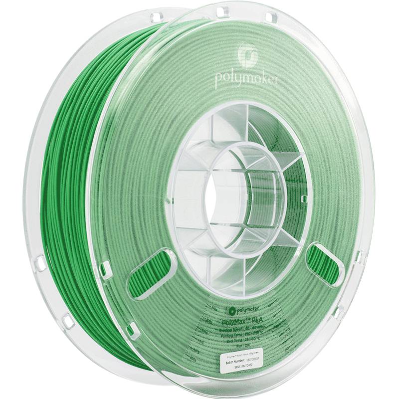 Green filament spool by Polymaker made from Polylactic Acid (PLA) for 3D printers. Transparent housing reveals the filament layer.
