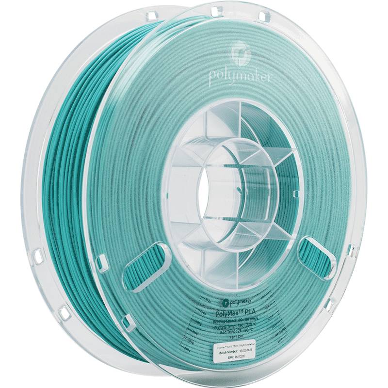 Spool of turquoise 3D printer filament, wound onto reels. The brand name 'Polymaker' is visible on the spool.