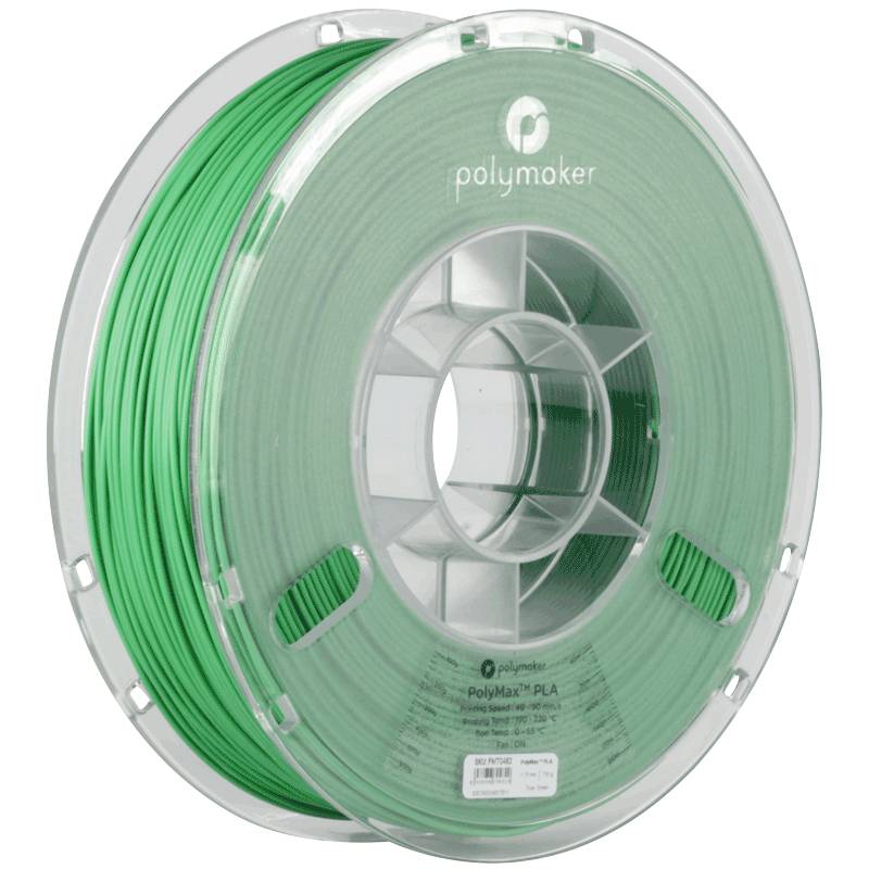 Green 3D printer filament reel by 'Polymaker', PolyMax PLA. Commonly used for general 3D printing applications.