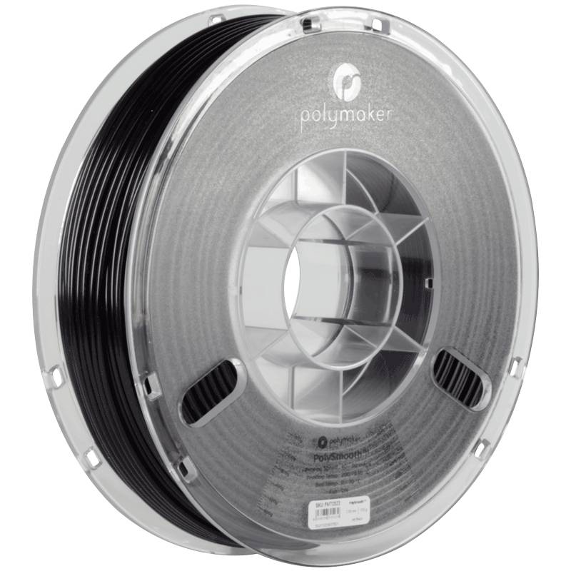 A spool of black 3D printer filament by Polymaker. The spool is transparent and shows the filament wound around it.