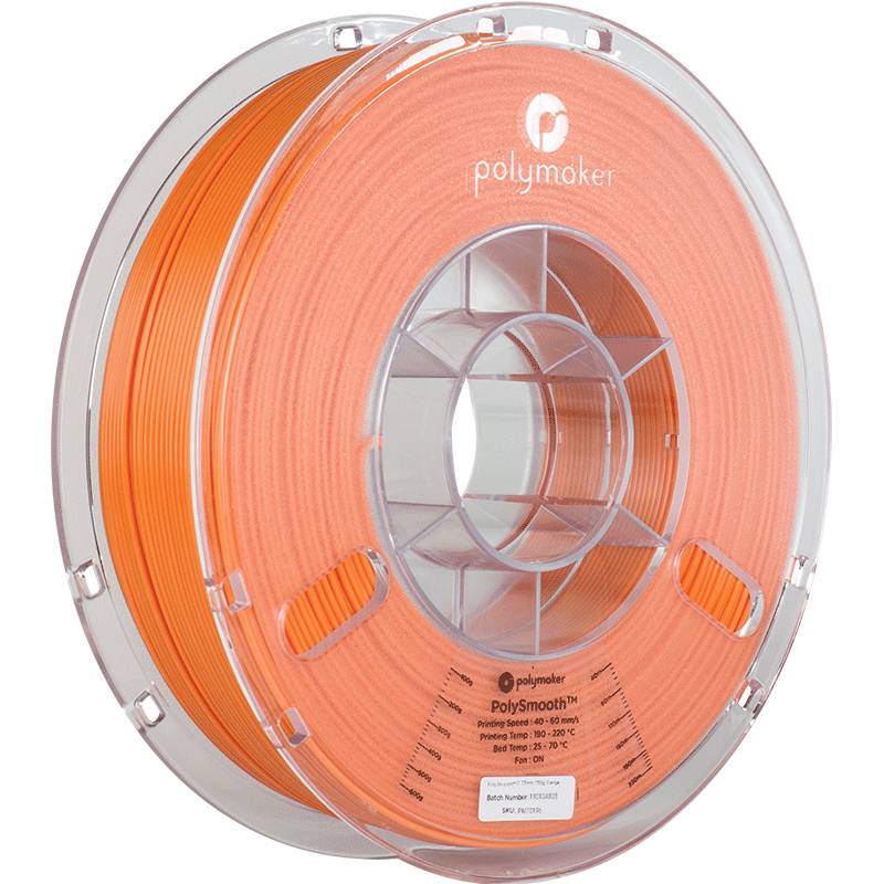 3D printer filament reel in luminous orange by Polymaker. The filament is suitable for PolySmooth prints.