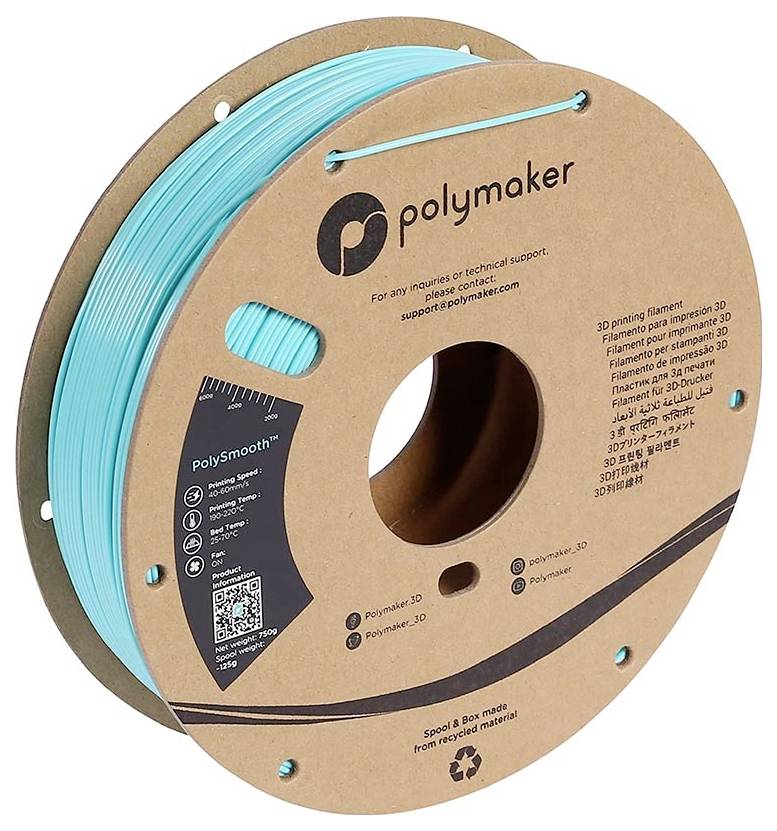 Plastic spool with turquoise 3D printer filament, labelled 'Polymaker PolySmooth'.