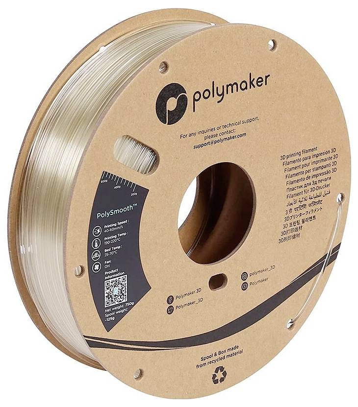 PolySmooth Filament Reel by Polymaker, transparent, 3D printing material, 1.75 mm diameter, 750 g, specially suitable for smoothing.