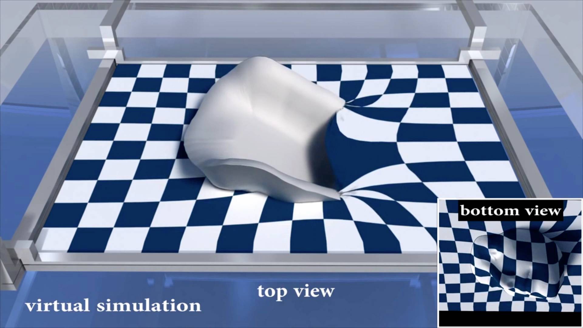 A virtual simulation shows an object on a distorted chessboard pattern. A small view depicts the underside.