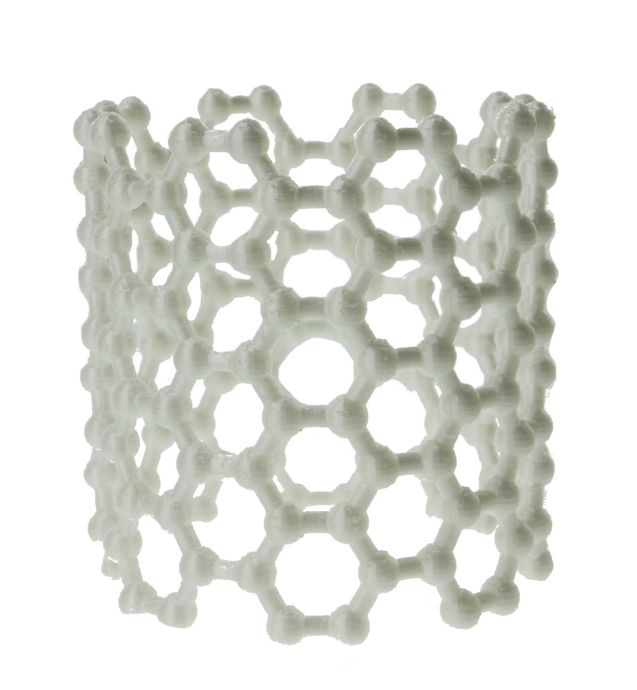 A 3D model of a carbon nanotube, consisting of a honeycomb-like arrangement of interconnected atoms, against a white background.