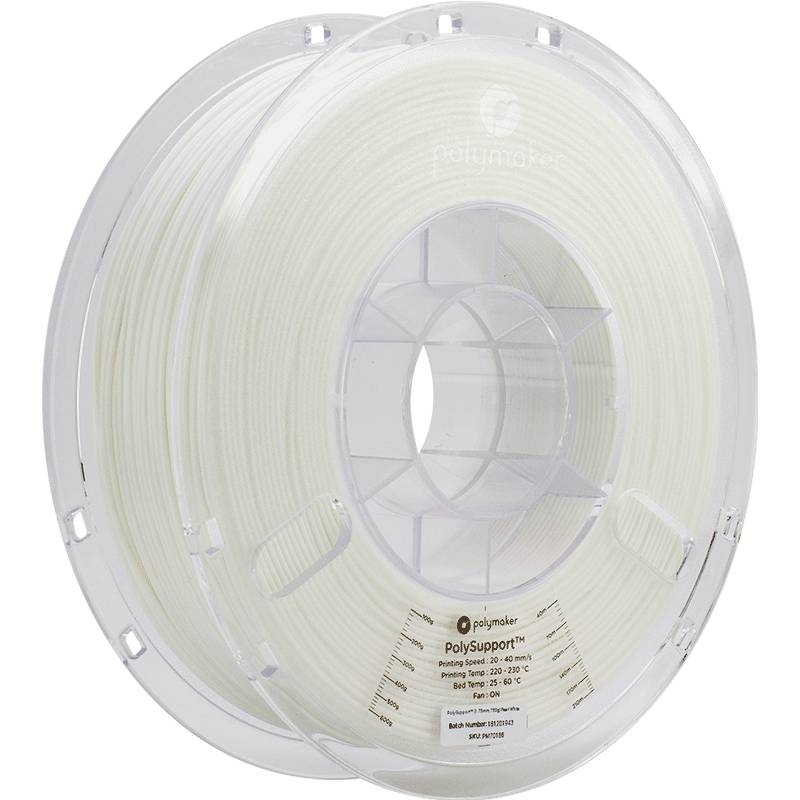 A white spool of PolySupport 3D printing material by Polymaker, suitable for printing temperatures between 220-240°C.