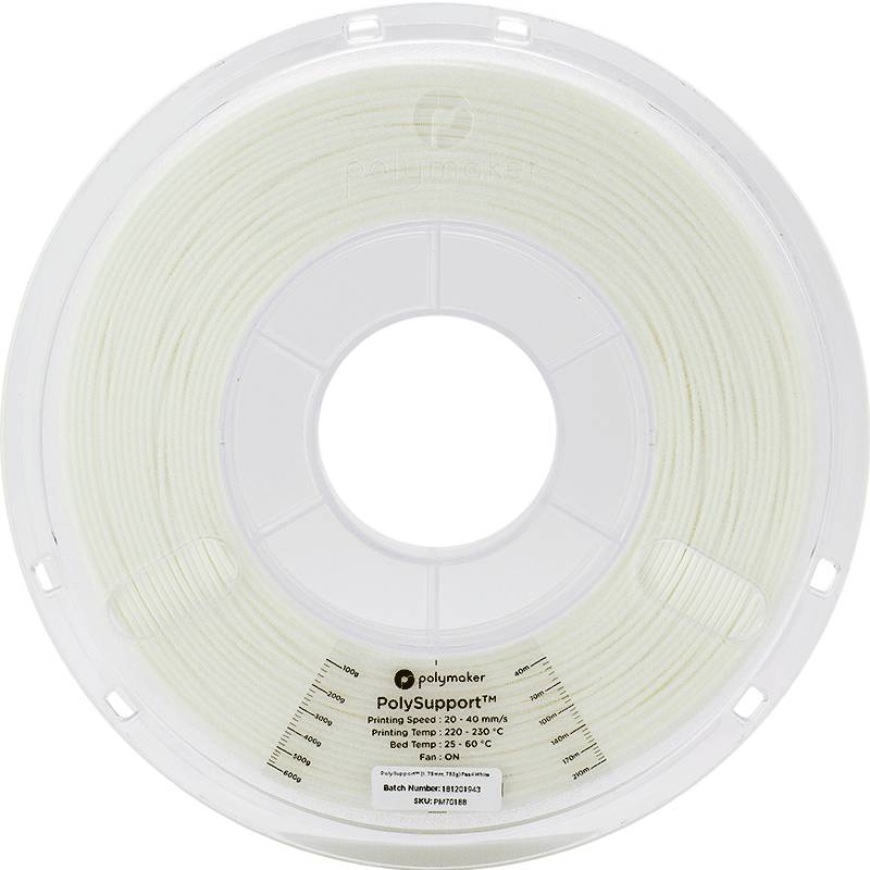 Plastic spool of white 3D printing filament, brand 'PolySupport'. Label displays printing and storage conditions.