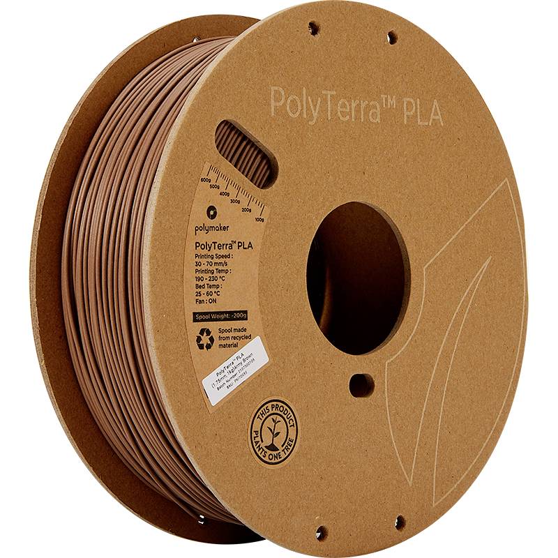 Brown 3D printer filament reel made from PolyTerra PLA, suitable for environmentally conscious applications.