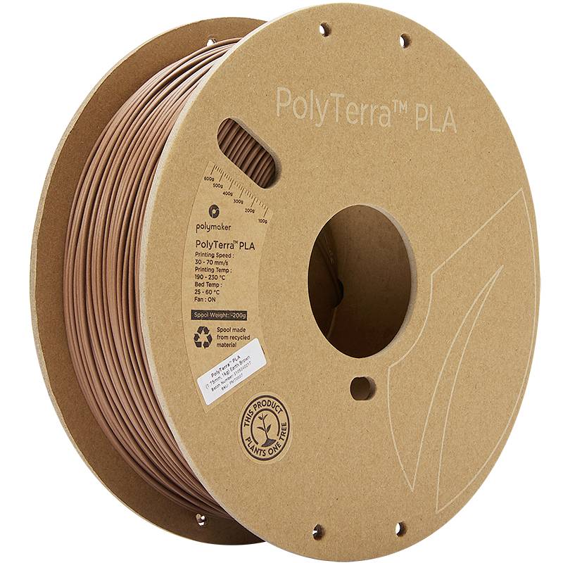 PolyTerra PLA Reel, brown, 3D printing material. Manufactured from biodegradable plastic, plastic reduced through recycled spool.