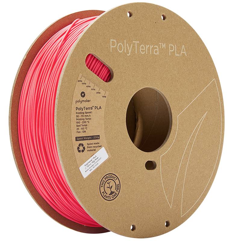 Spool of red 3D printer filament, labelled 'PolyTerra PLA'. Made from cardboard and biodegradable. Emphasising environmental friendliness.