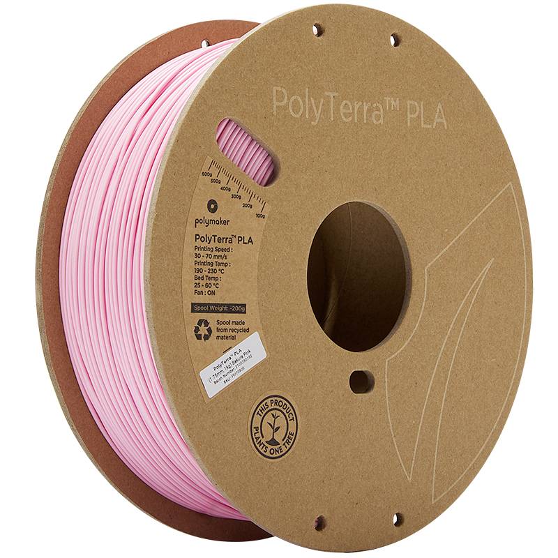 A reel of pink 3D printer filament made from PLA, marked with 'PolyTerra PLA'. Packaged on a recyclable cardboard spool.