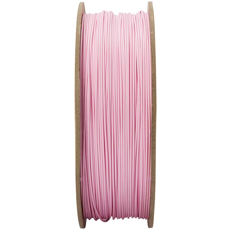 A reel with pink filament, suitable for 3D printers, shown on a wooden spool core.
