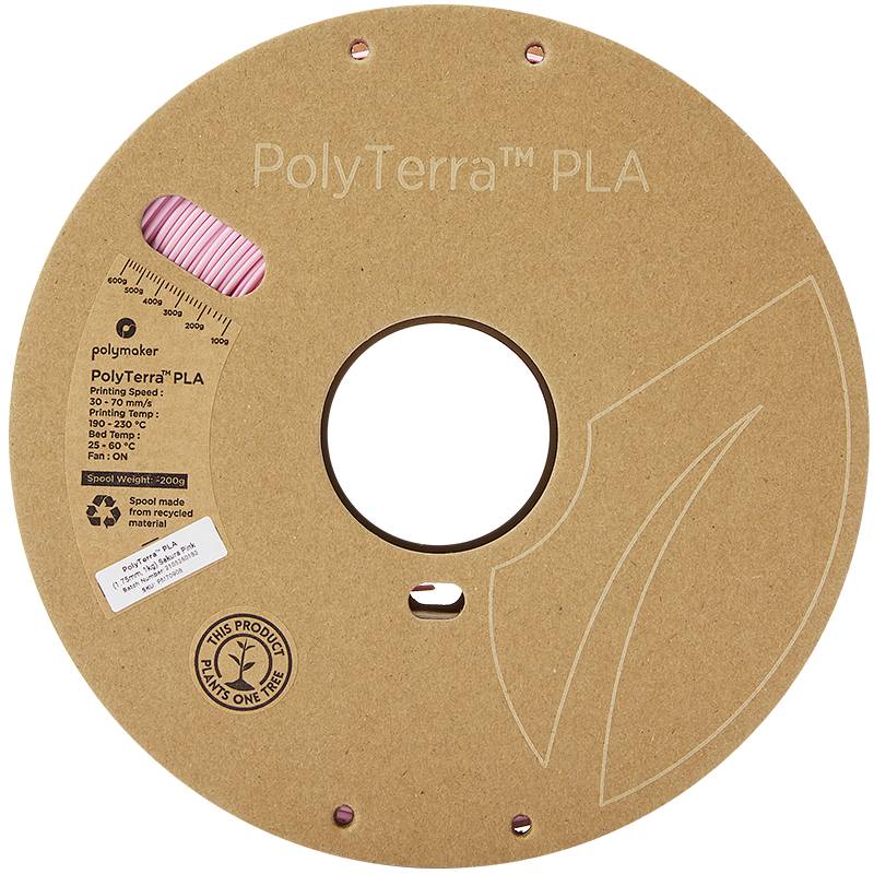 A beige cardboard filament spool with 'PolyTerra PLA' printed on it. Scale shows filament length. Environmentally friendly material.