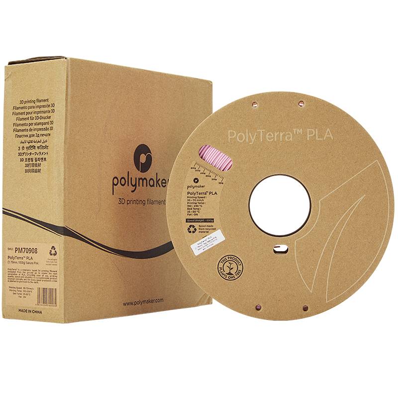 A roll of PolyTerra PLA 3D printer filament in a brown packaging. Sustainably produced and environmentally friendly.