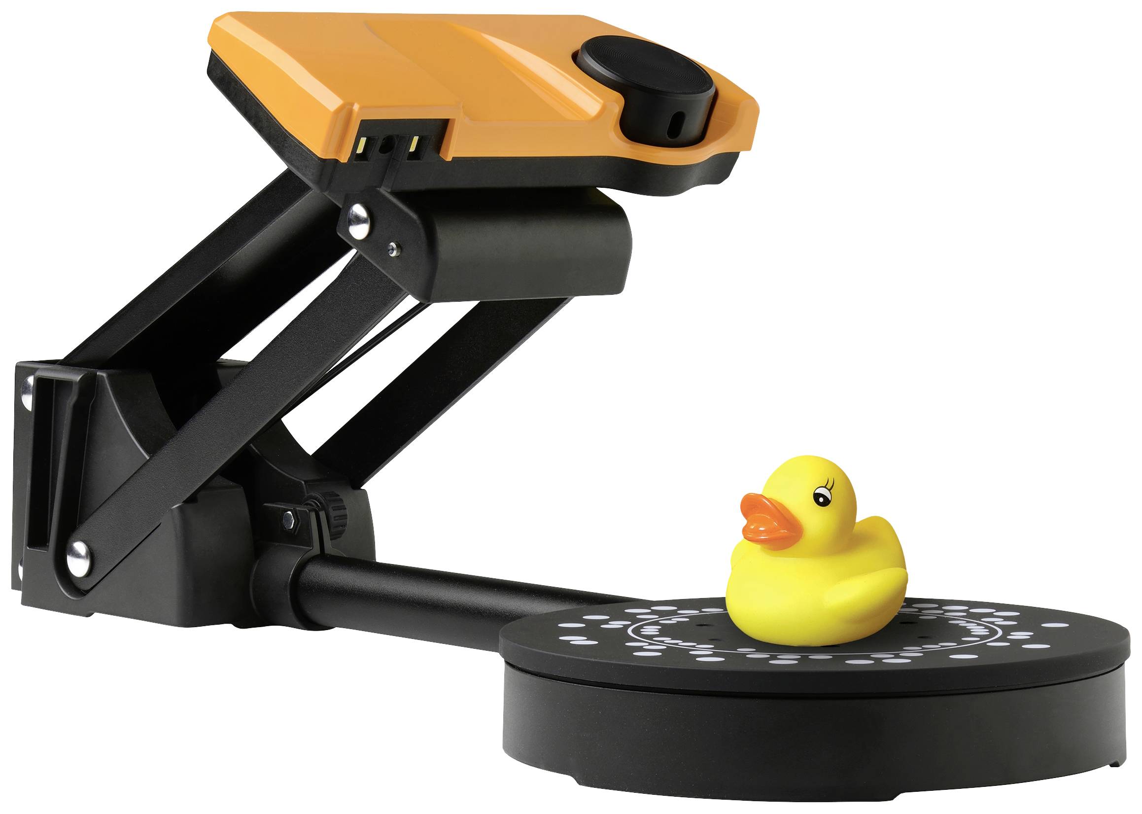 An orange 3D scanner is scanning a yellow rubber duck on a turntable.