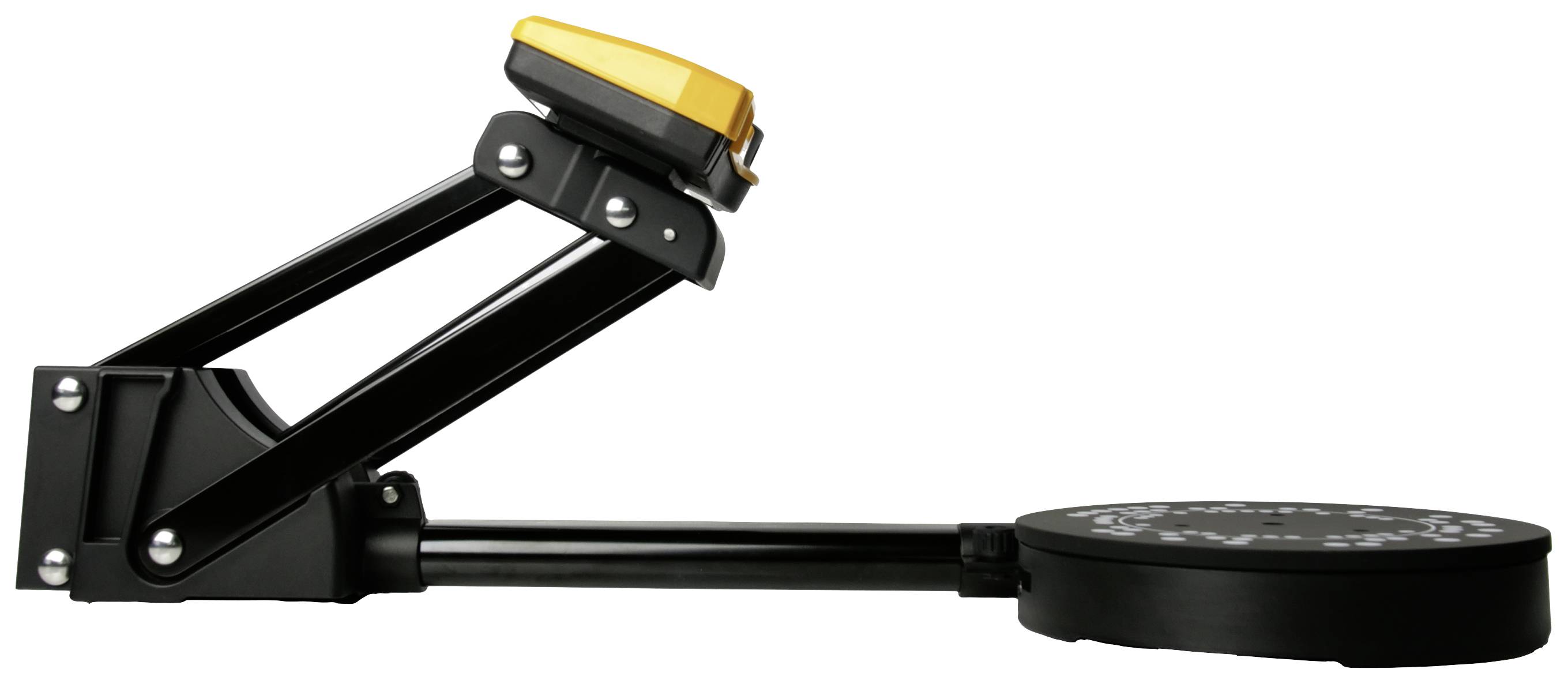 Metal detector with a black and gold casing and circular search head, positioned horizontally on a white background.