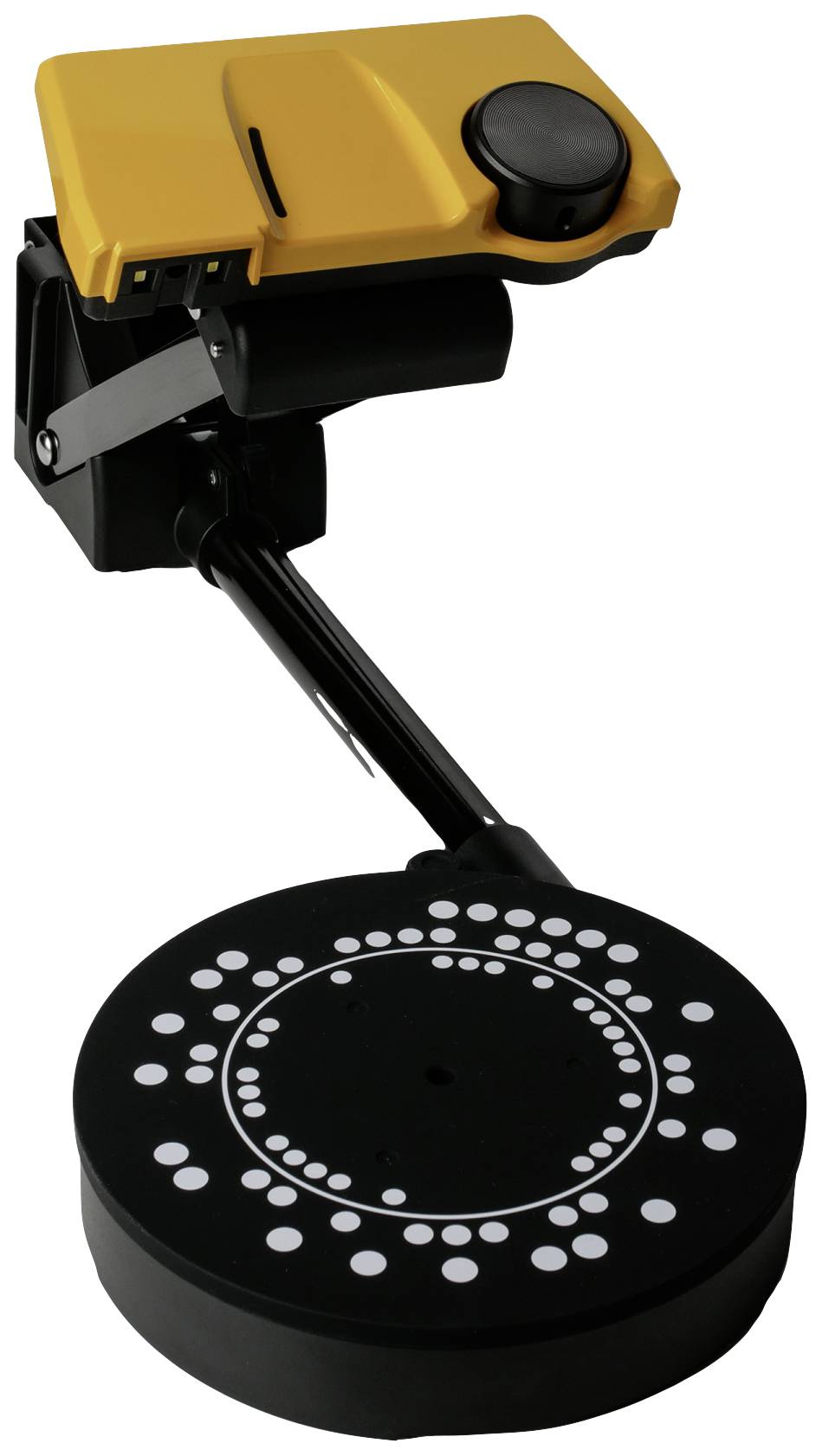An electronic device with yellow and black colouration, comprising a movable arm and a round platform with white markings.