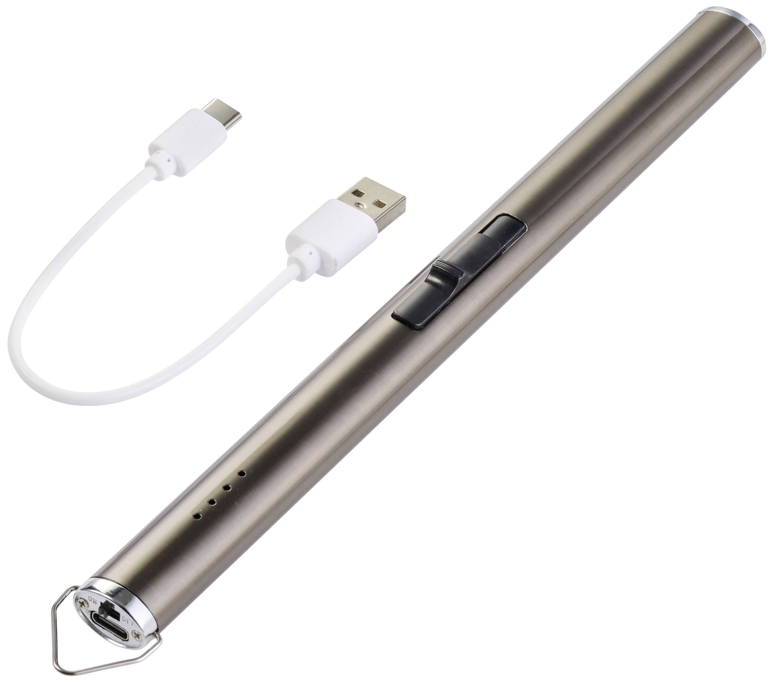 Stylus with laser-like tip and side buttons; alongside a USB cable with two connectors for charging.