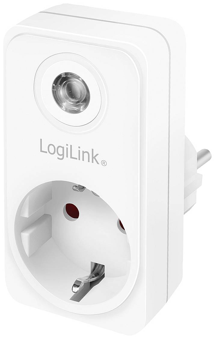 White LogiLink socket with a round switch on top. Suitable for remotely controlling electrical devices.