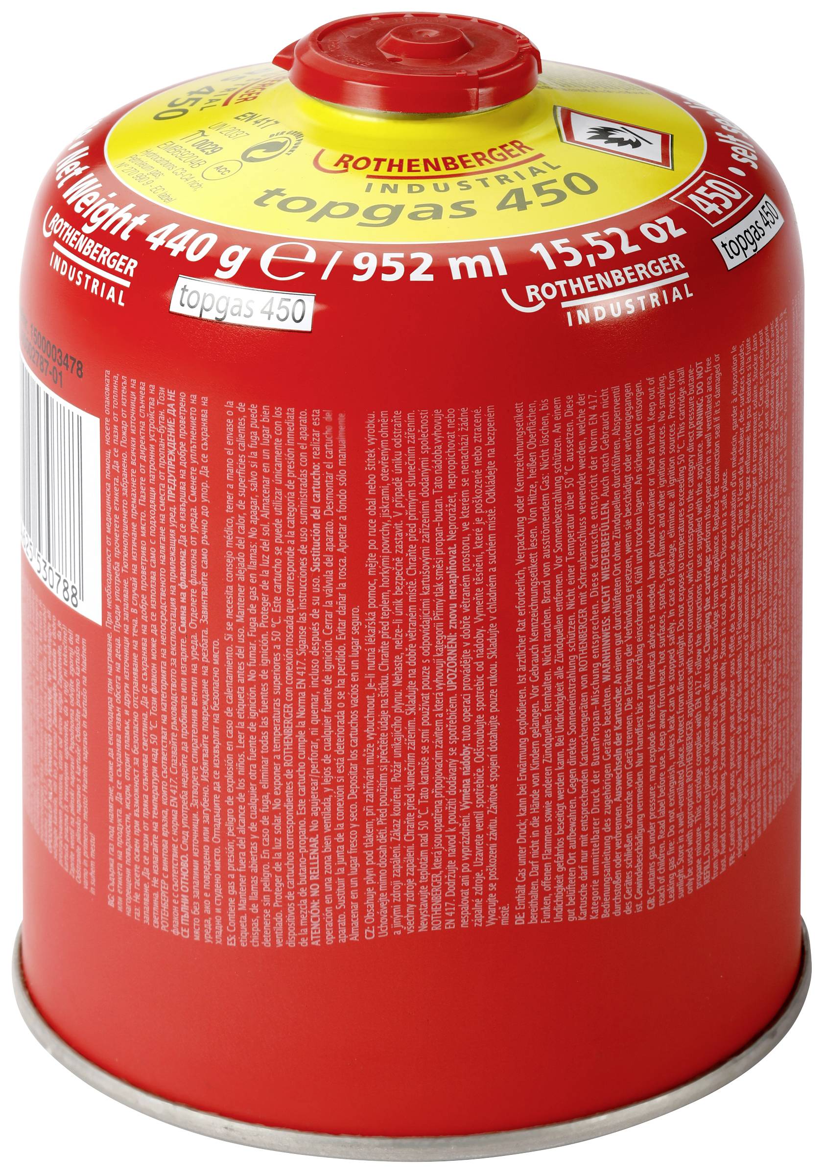 Red gas cylinder with the label 'Topgas 450', 440 g net weight, 952 ml content. Contains safety and manufacturer information.