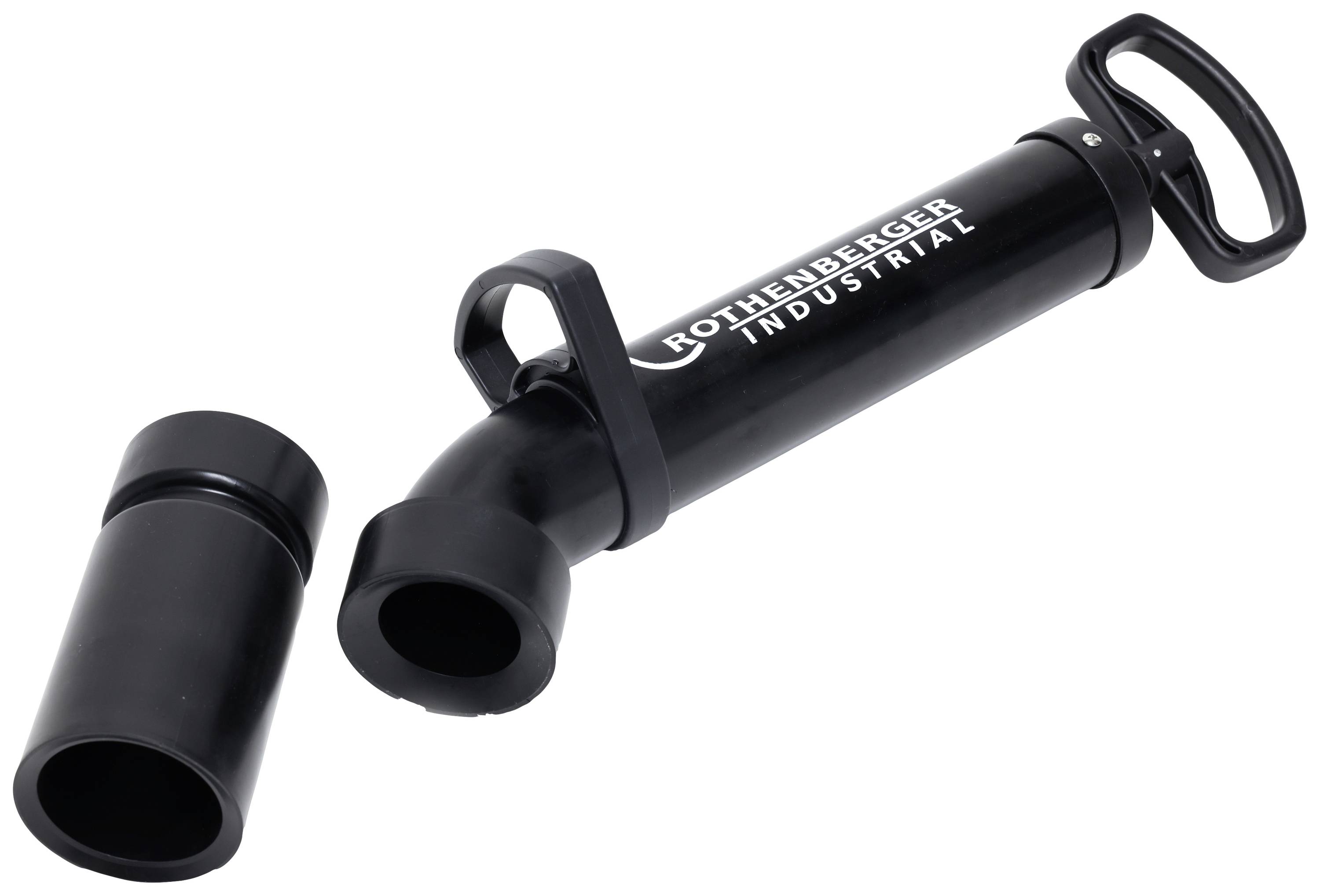 Hand-operated pipe cleaning pump with removable attachment for clearing blockages in drainage pipes, black.