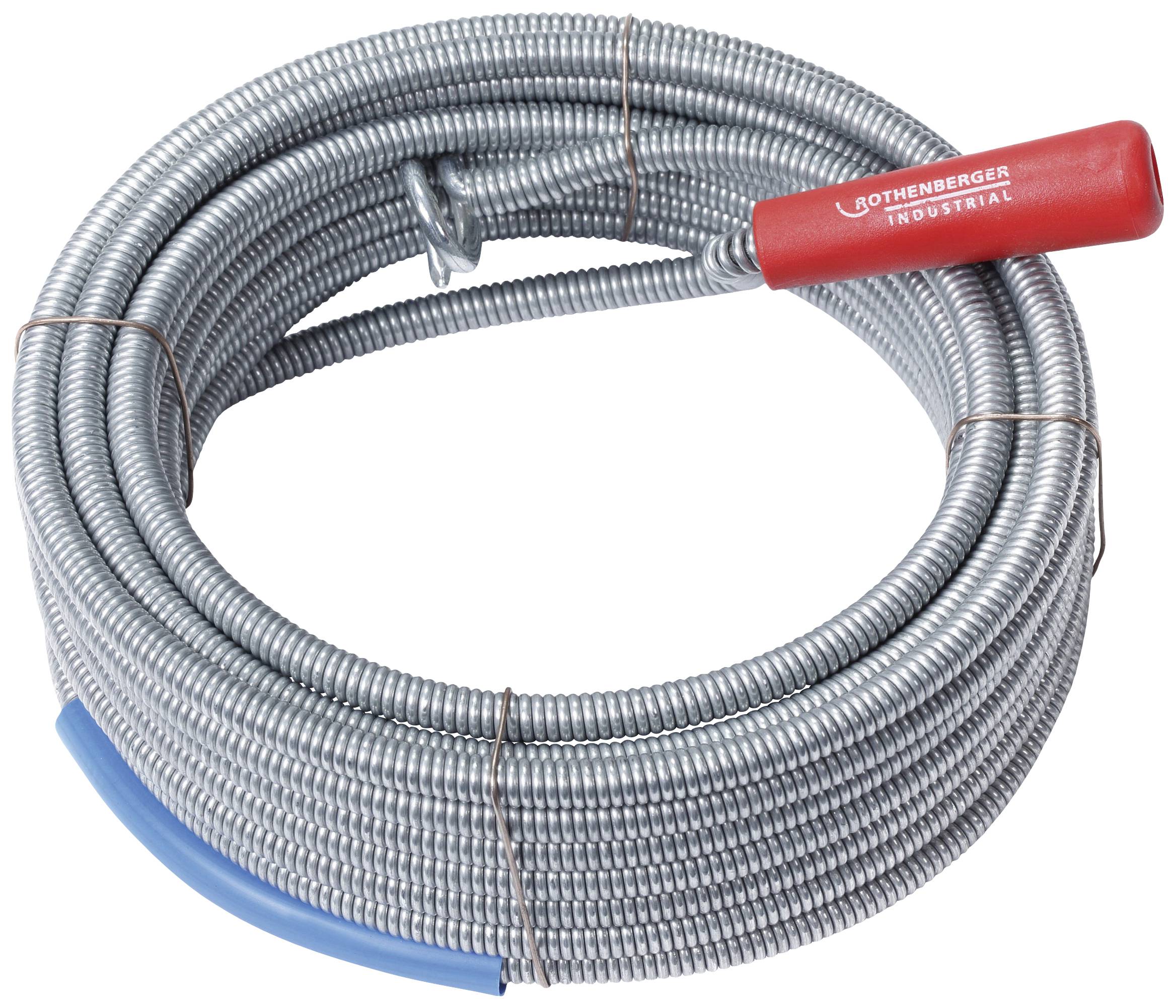Metal drain cleaning spiral, coiled with a red handle and blue marking.