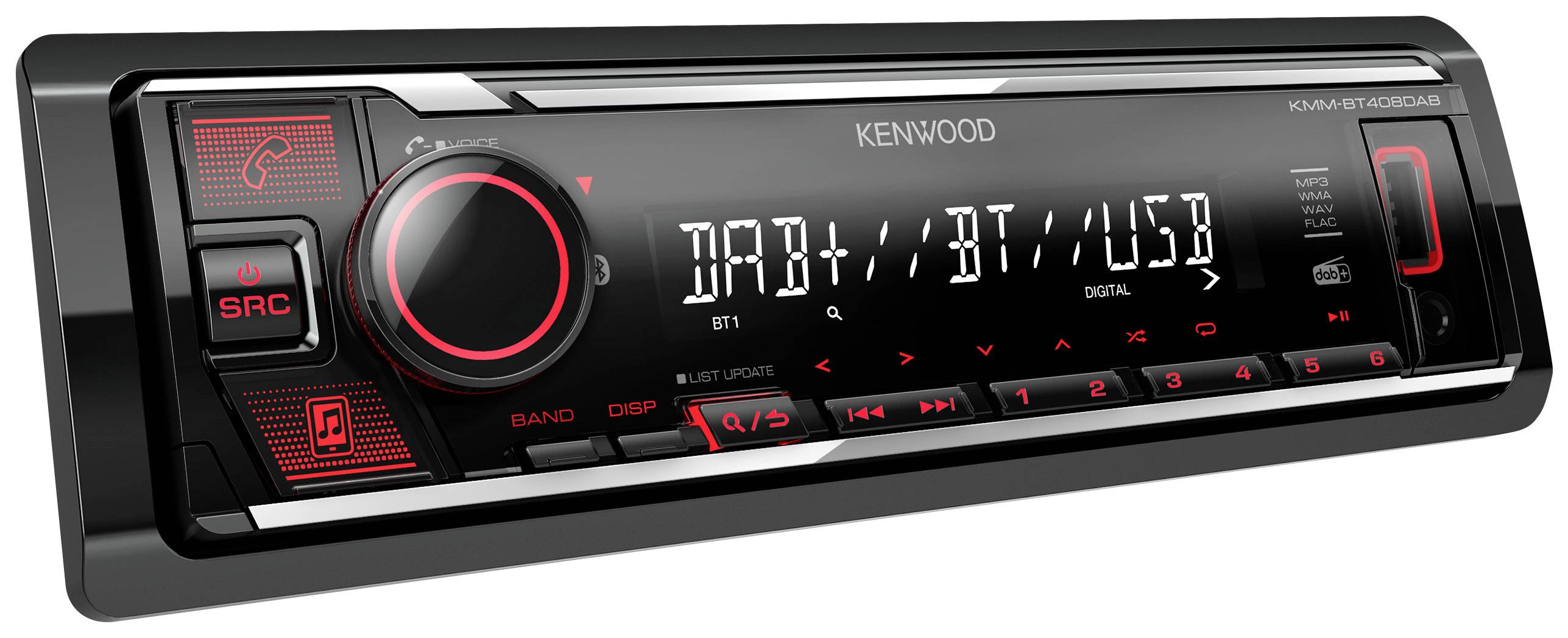 Car radio with CD player, USB port and DAB+ digital radio. Black with red accents and display for showing radio stations.