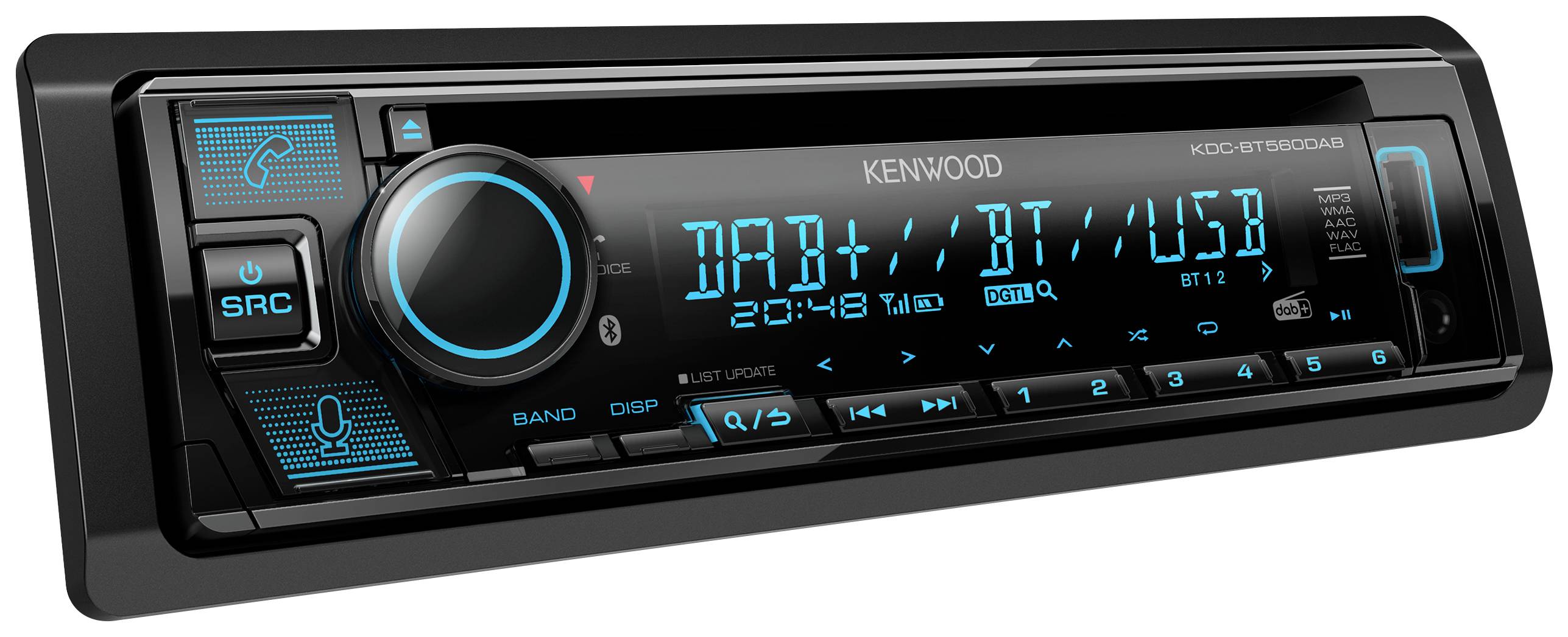 Car stereo with buttons and digital display. Display text: 'KENWOOD', 'DAB+', time '20:48'. Illuminated in blue.