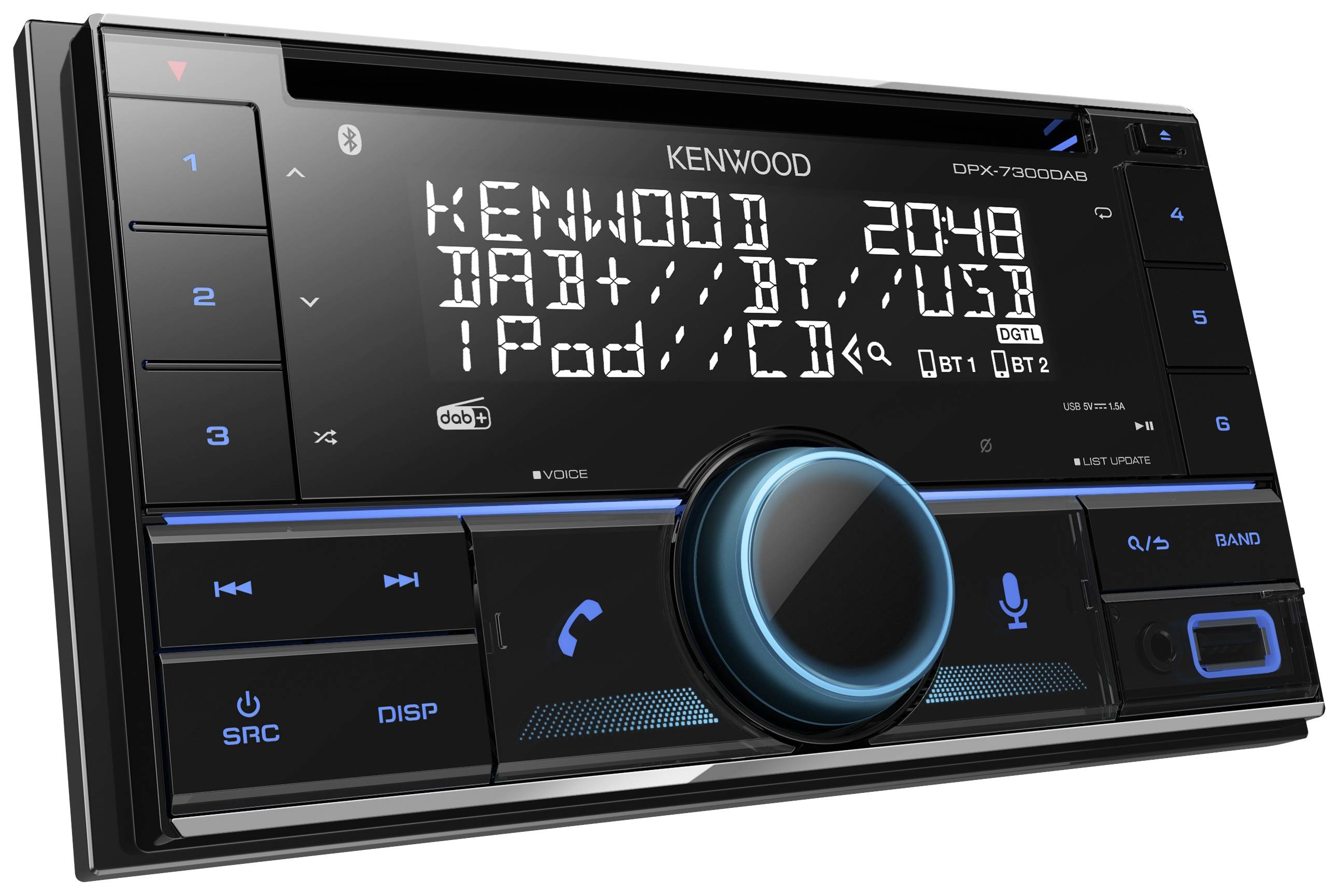 Car radio with screen displaying 'KENWOOD', 'DAB+', 'BT AUDIO', 'USB' and time 20:48. Rotary dial and buttons on the front panel.