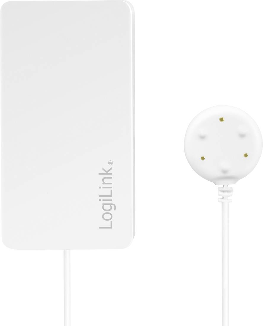 A white, rectangular LogiLink water leak sensor with a round sensor and cable, designed to detect water leaks in households.