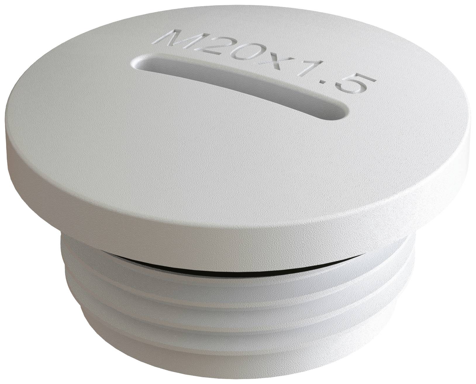 The image shows a white threaded cap with the imprint 'M20x1.5'. The cap has a slot and is intended for covering or closing openings.