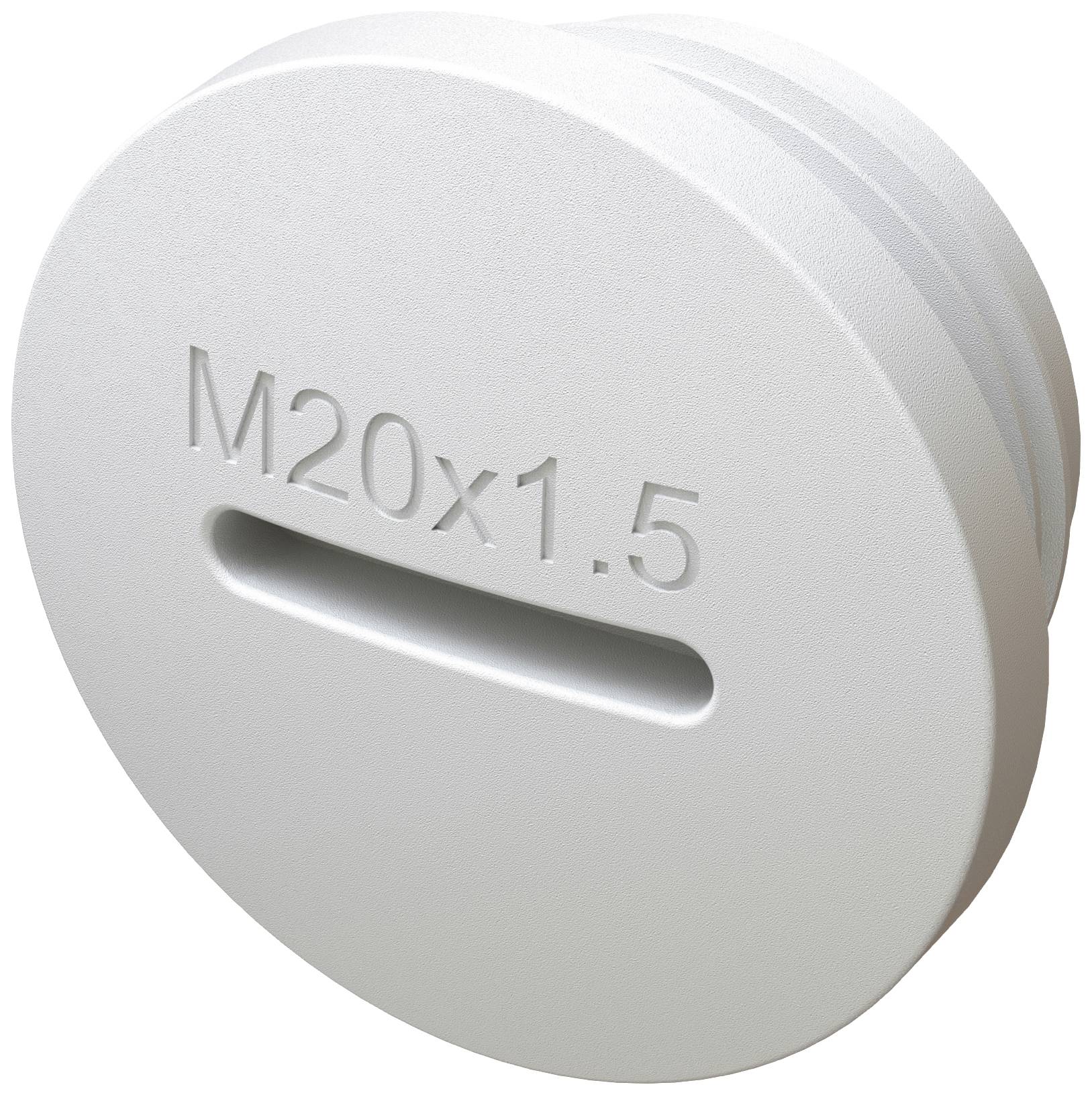 Round, white closure plug with 'M20x1.5' embossing, featuring a slotted surface for closures in mechanical applications.