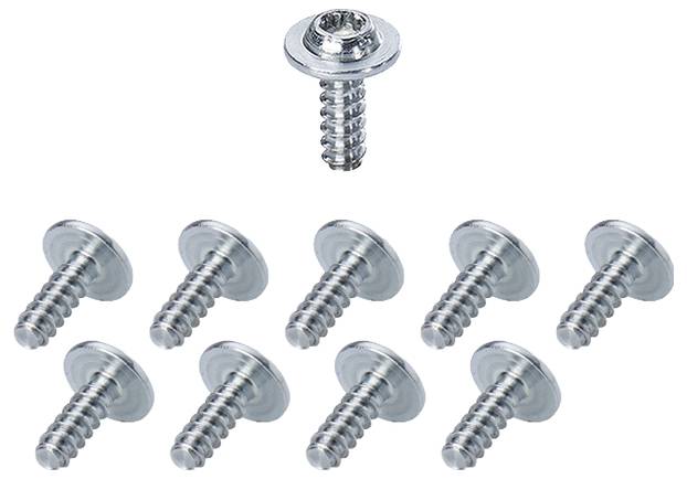 Ten silver screws on a white background, one positioned centrally at the top, nine arranged at the bottom.