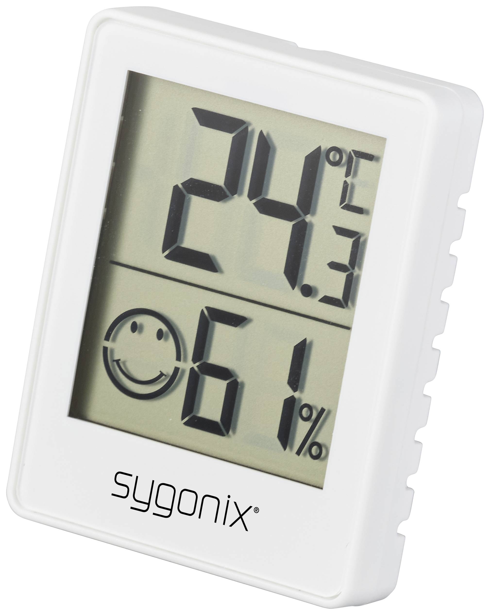 Digital thermometer showing 24.3°C and 61% humidity. A smiley face symbolises pleasant conditions.