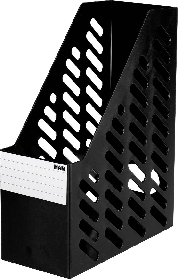 A black magazine holder with diagonal slots and a writable label field on the front.