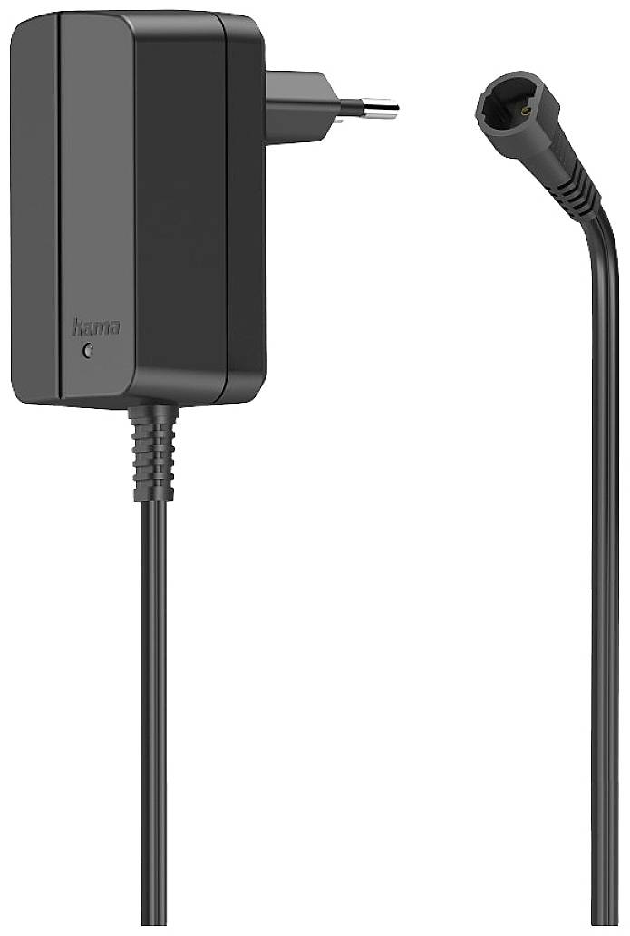 Black power supply with European plug and long cable. 'Hama' brand. Suitable for electronic devices.