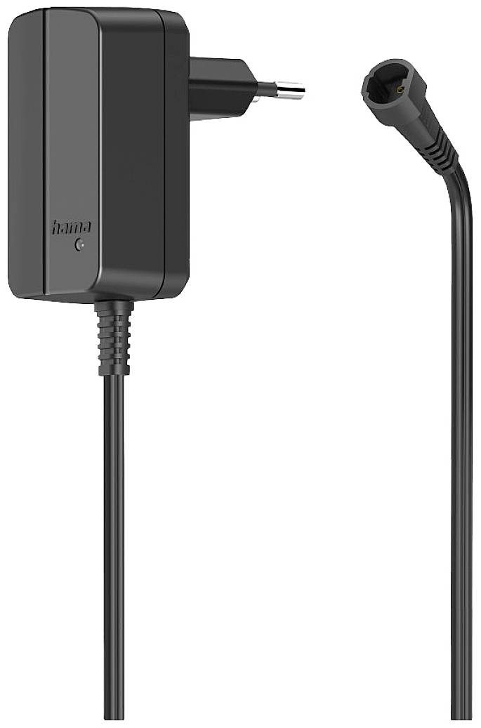 Black power supply with European plug and cable. 'Hama' marking visible. Suitable for electronic devices.