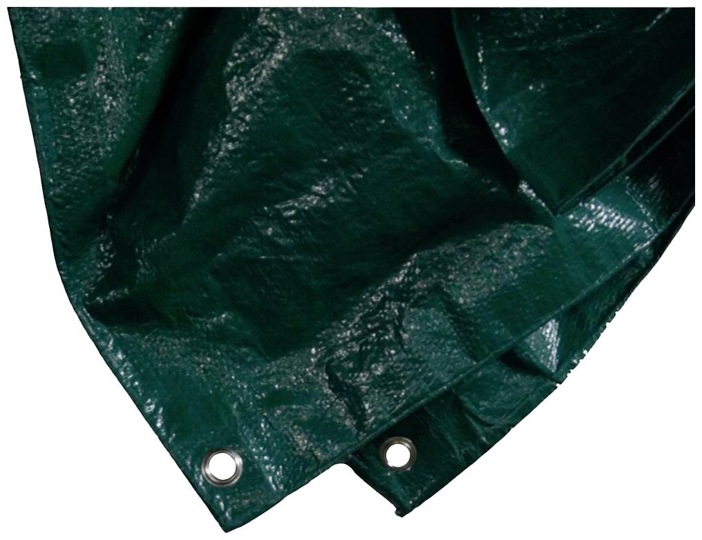 Green tarpaulin with two eyelets at the corners, seemingly made of robust, water-resistant material. Suitable for outdoor coverings.