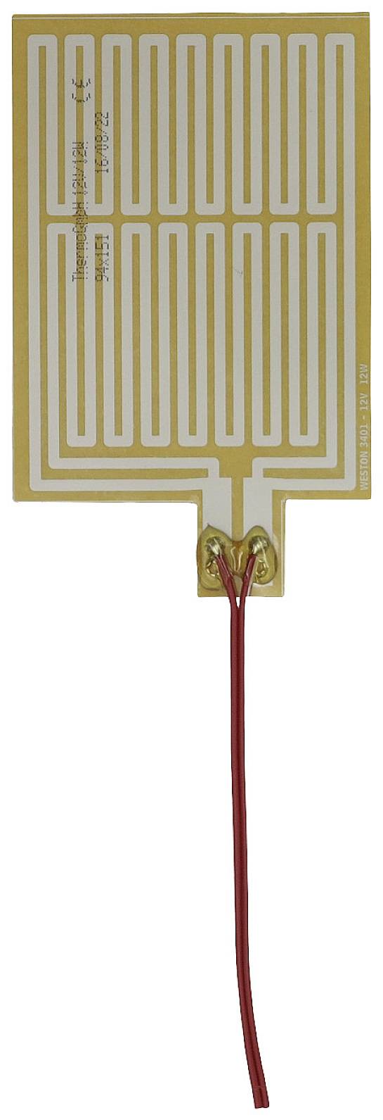 A rectangular, flexible heating element with parallel conductive tracks and two red connection wires can be seen.