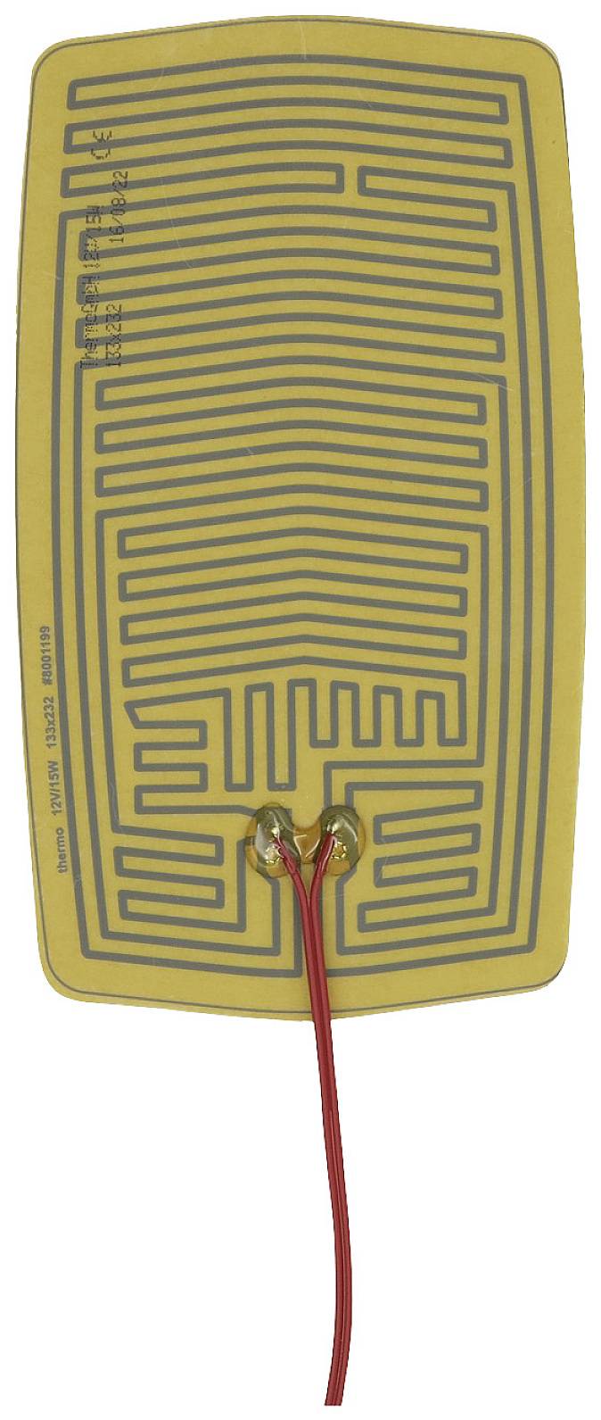 A rectangular heating pad with a yellow surface and blue circuit traces. Two red wires are attached to the underside.