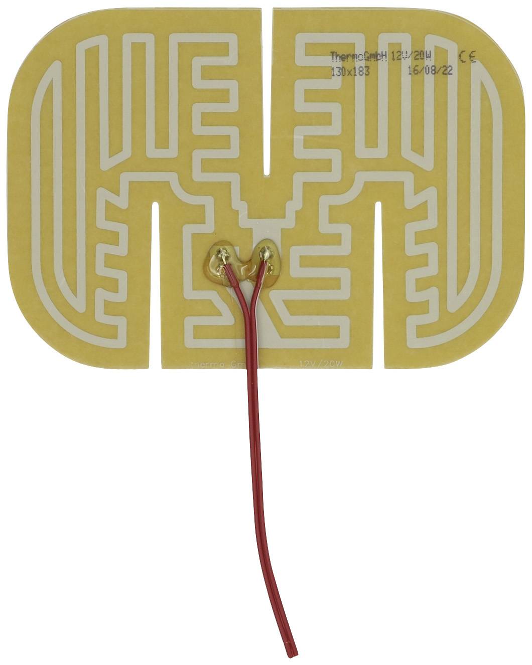 A yellow heating pad with a white circuit board printed on it and two red cables for connection.