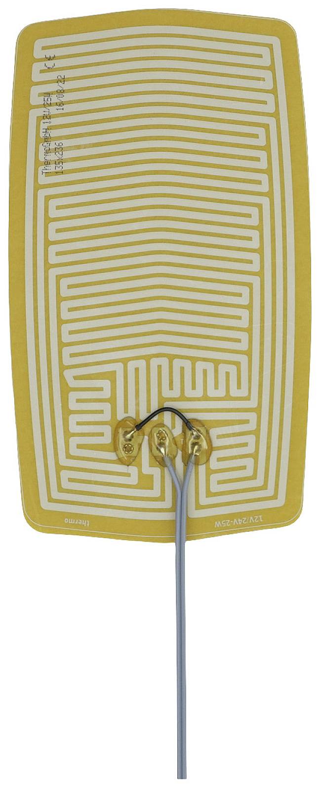 A rectangular medical device with a yellow pattern and silver cables. It is an electrode with connection wires.