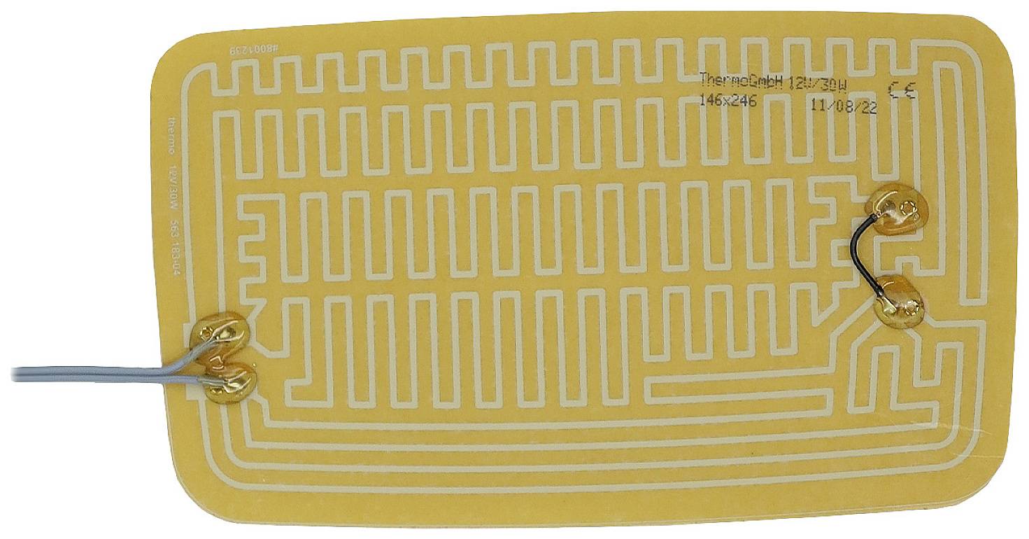 Rectangular yellow heating element with a serpentine heating wire pattern and two connecting cables, potentially for thermal applications.