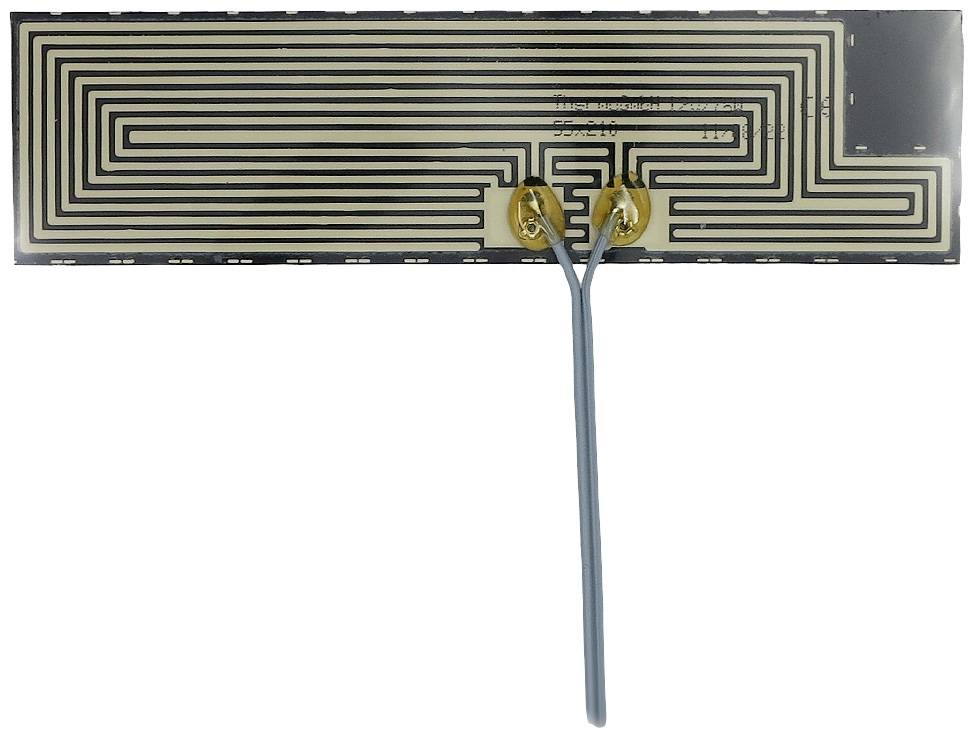 A rectangular electronic sensor with complex circuit patterns, connected by two wires protruding underneath.