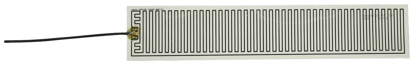 A thin, elongated electrical heating element strip with a wavy pattern and a connected cable on one side.